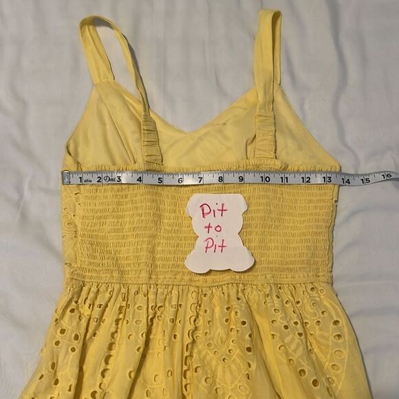 Japna szS bright yellow lined eyelet dress shorter in front elastic back EUC - Picture 10 of 12